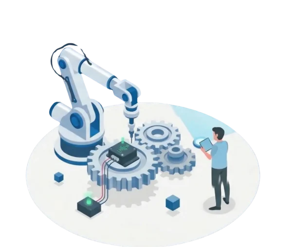 工業機器手臂正在操作齒輪組與嵌入式控制模組，右側工程師手持平板查看數據，背景為浮空的即時監控儀表板，呈現 Edge AI 驅動工業自動化場景。