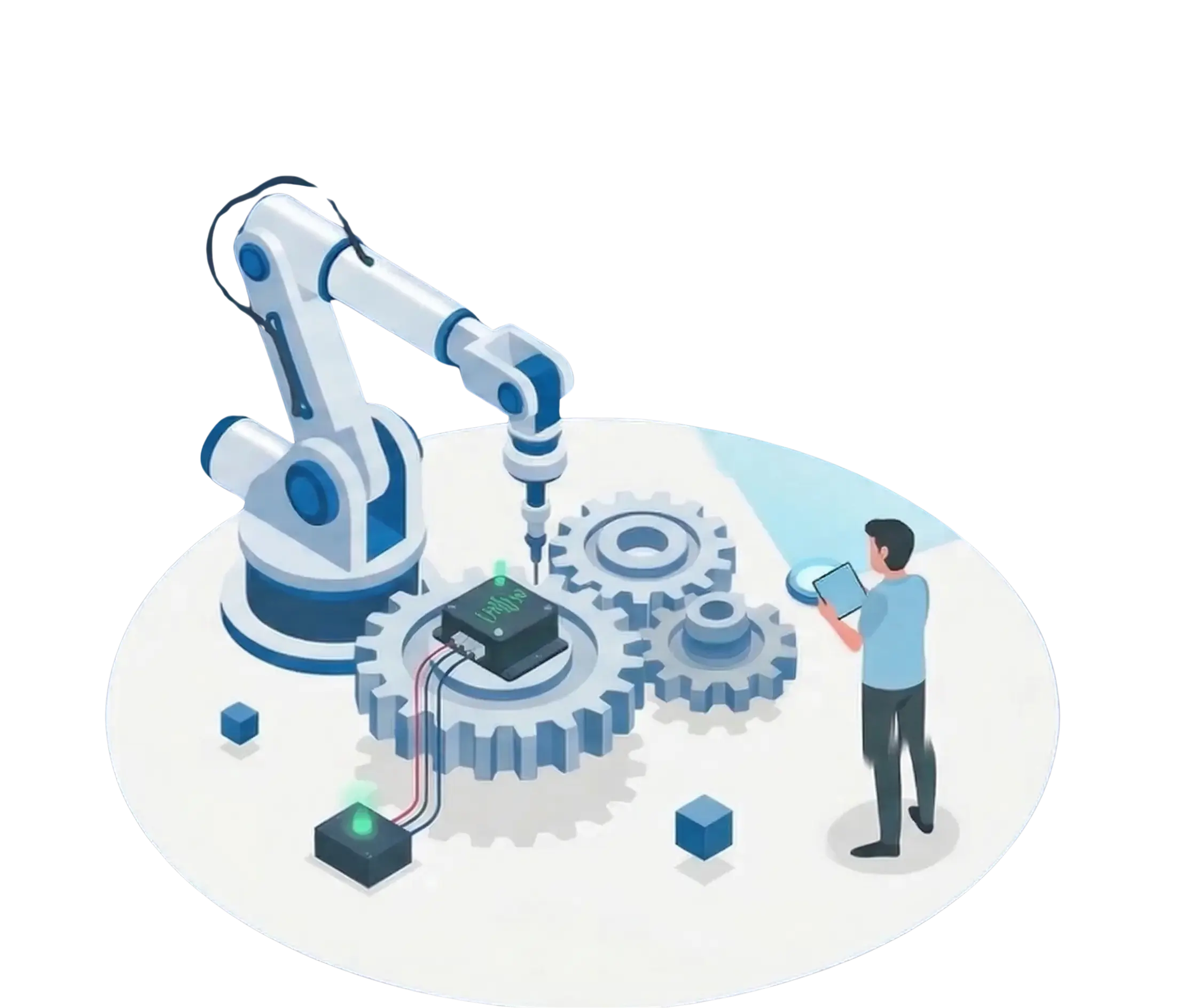 工業機器手臂正在操作齒輪組與嵌入式控制模組，右側工程師手持平板查看數據，背景為浮空的即時監控儀表板，呈現 Edge AI 驅動工業自動化場景。