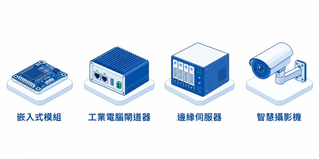 Edge AI 常見邊緣硬體平台示意圖，從嵌入式模組、工業電腦到邊緣伺服器