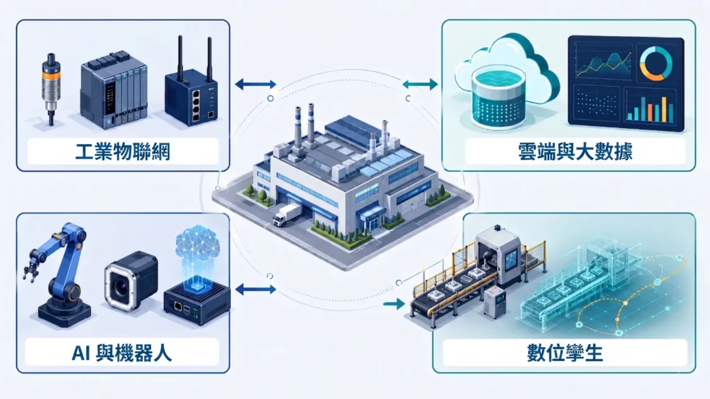 智慧工廠四大關鍵技術,包含工業物聯網、雲端大數據、AI 機器人與數位孿生