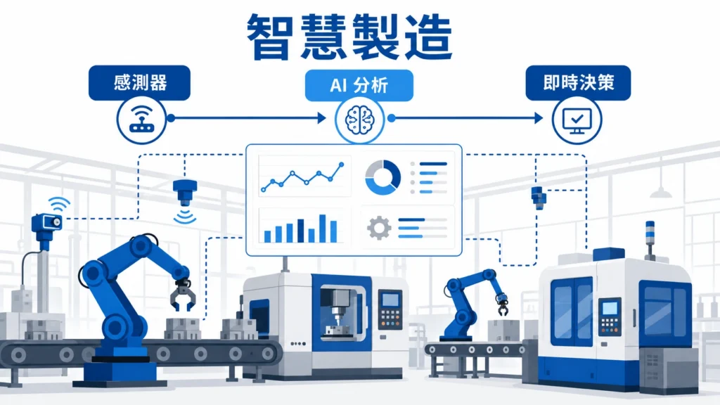 智慧製造示意圖：工廠產線結合感測器、數據儀表板與 AI 分析