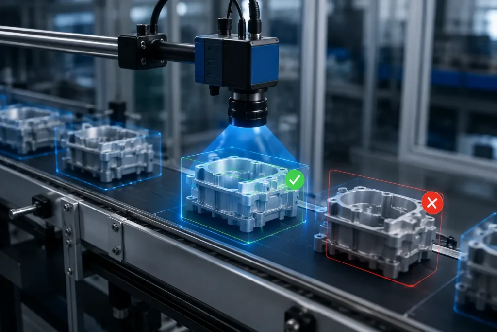 製造業 Edge AI 即時瑕疵檢測情境，產線邊緣設備毫秒級判定良品與不良品