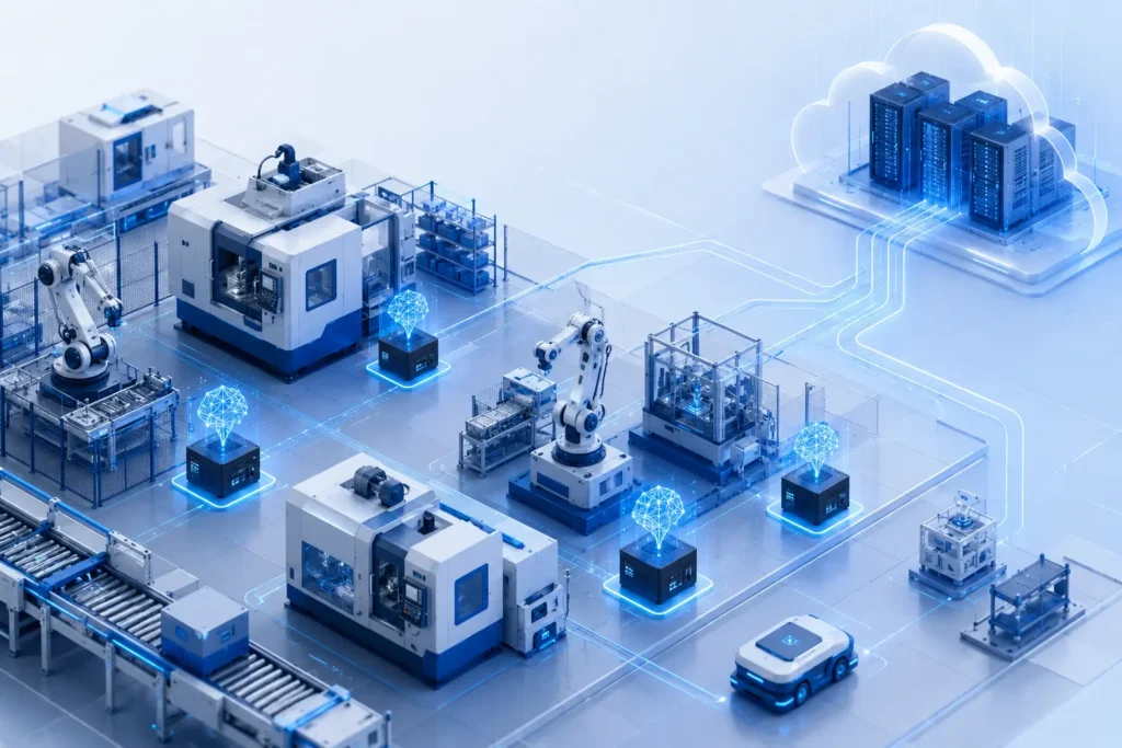 Edge AI 邊緣人工智慧概念示意圖，AI 模型部署於工廠邊緣設備進行本地即時推論