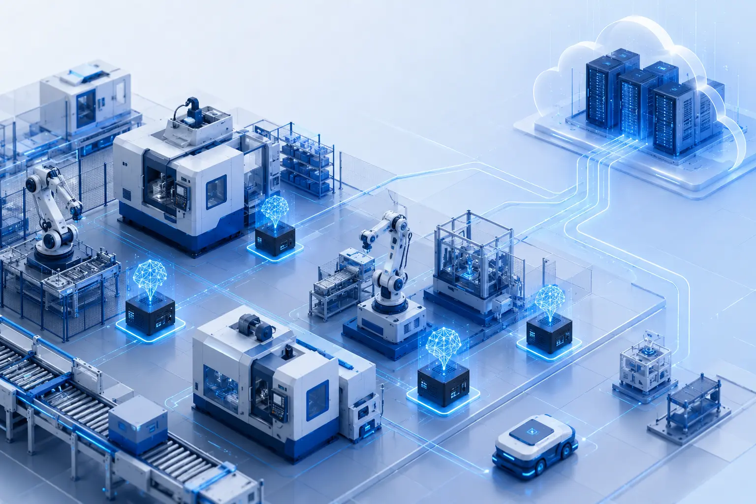 Edge AI 邊緣人工智慧概念示意圖，AI 模型部署於工廠邊緣設備進行本地即時推論